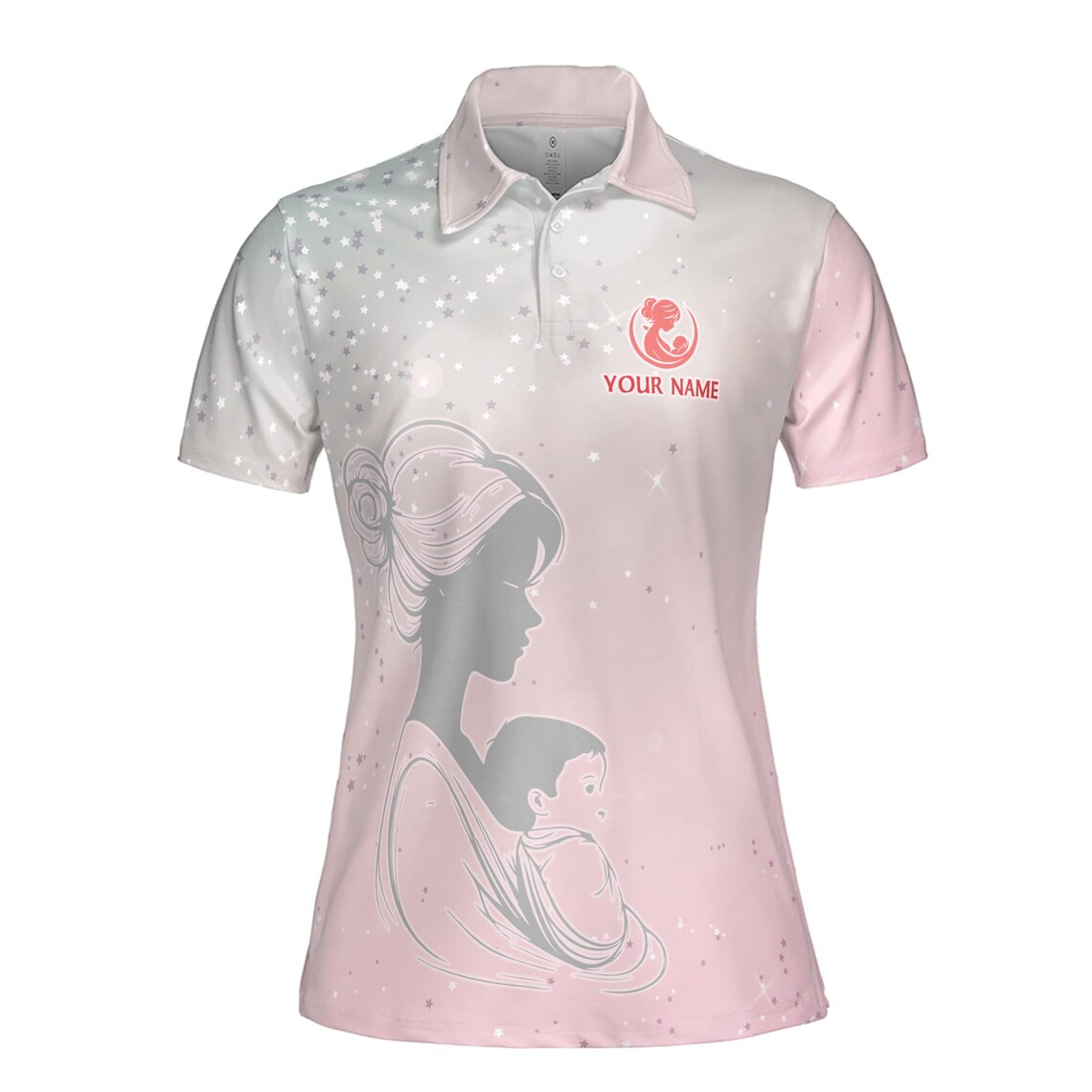 Personalized 'I Love You Mom' Polo Shirt: Pink Floral Star Design (S-5XL)