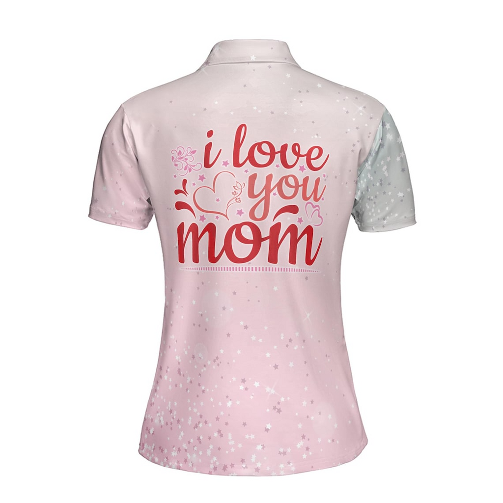 Personalized 'I Love You Mom' Polo Shirt: Pink Floral Star Design (S-5XL)