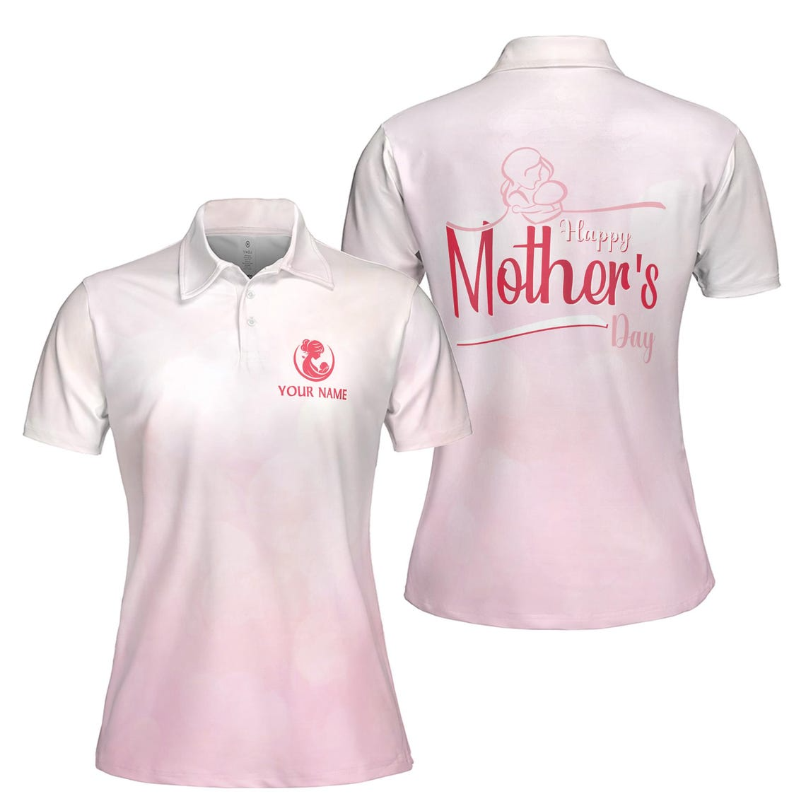 Customize Name Mom And Baby Maternal Love White Pink Women's Polo Shirt (S-5XL)