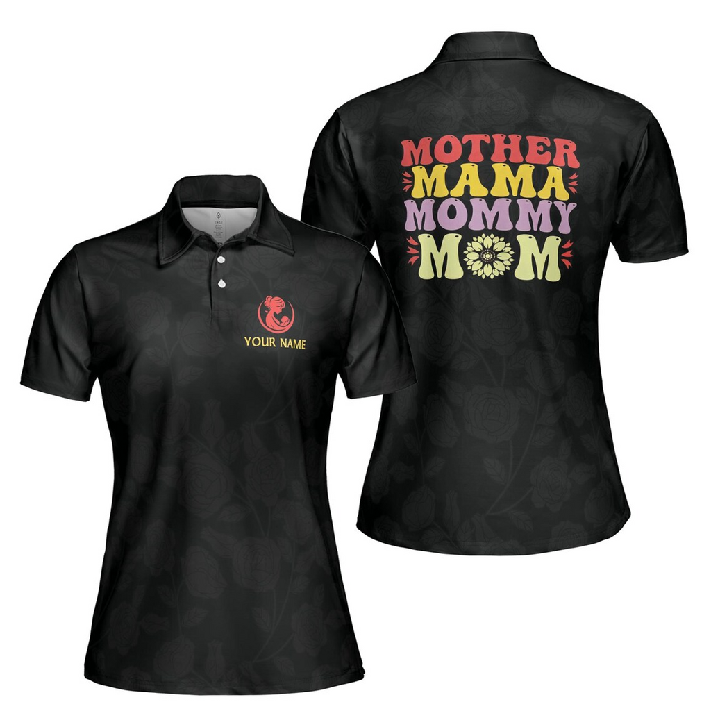 Customize Name Mother Mama Mommy Mom Baby Floral Pattern Black Women's Polo Shirt (S-5XL)