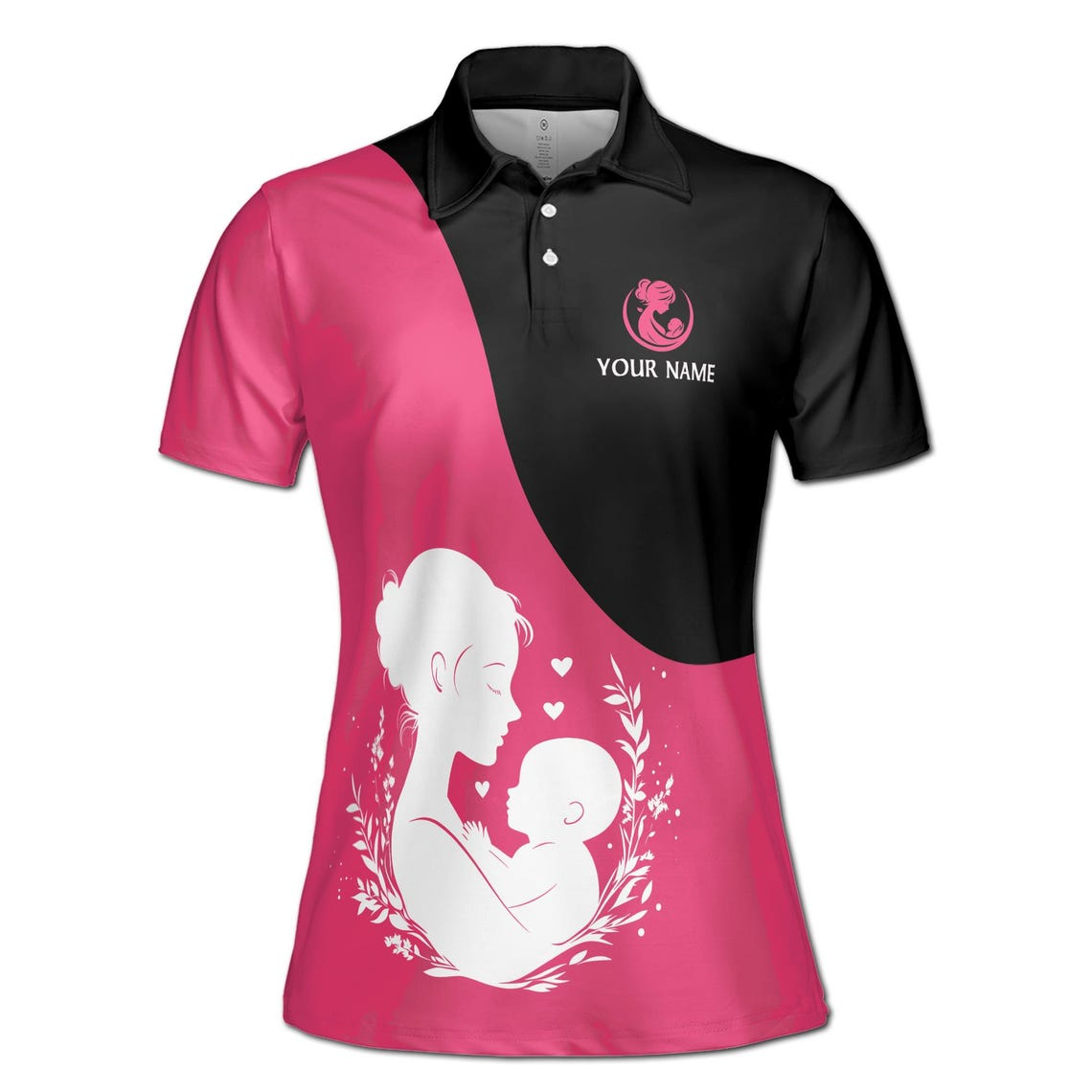 Customize Name Mom of The Sweet One Floral Pattern Black Pink Women's Polo Shirt (S-5XL)