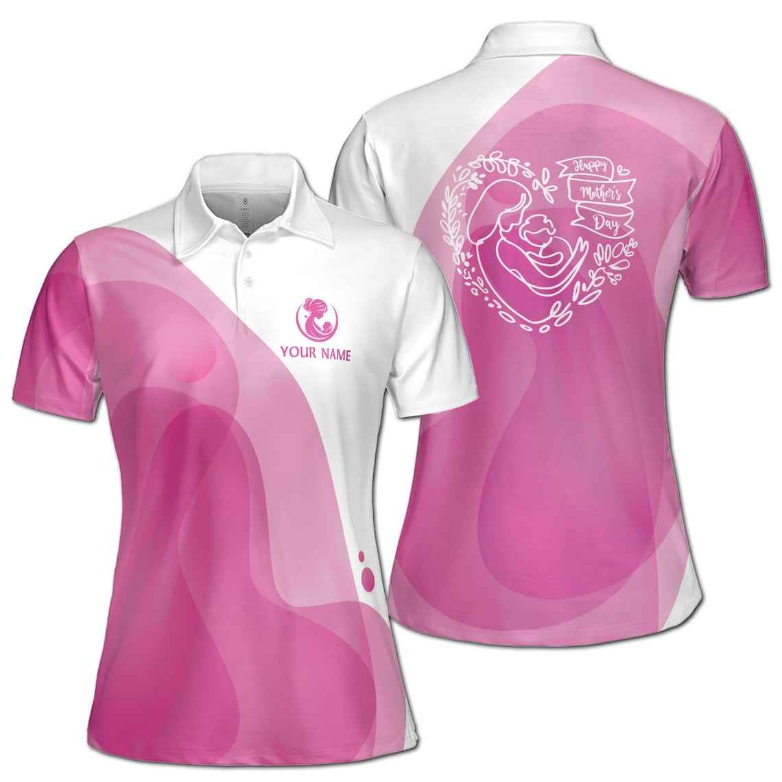 Customize Name Happy Mom Baby Branches White Pink Women's Polo Shirt (S-5XL)