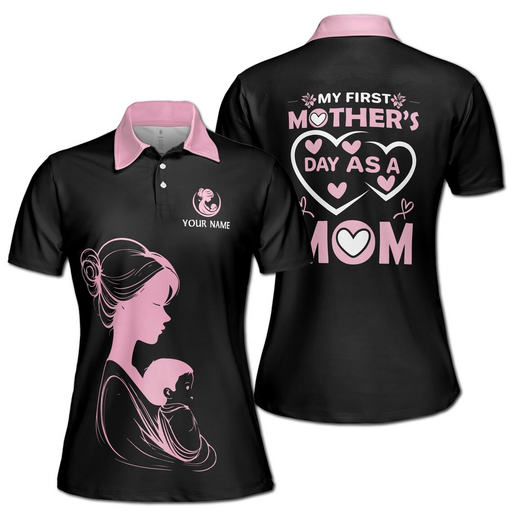 Customize Name My First Day As A Mom Heart Black Women's Polo Shirt (S-5XL)