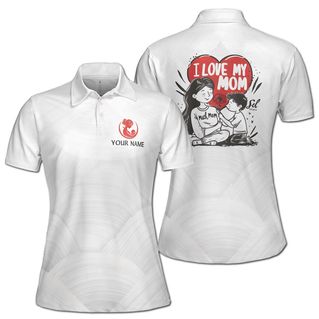 Customize Name I Love My Mom Floral Disc Pattern White Women's Polo Shirt (S-5XL)