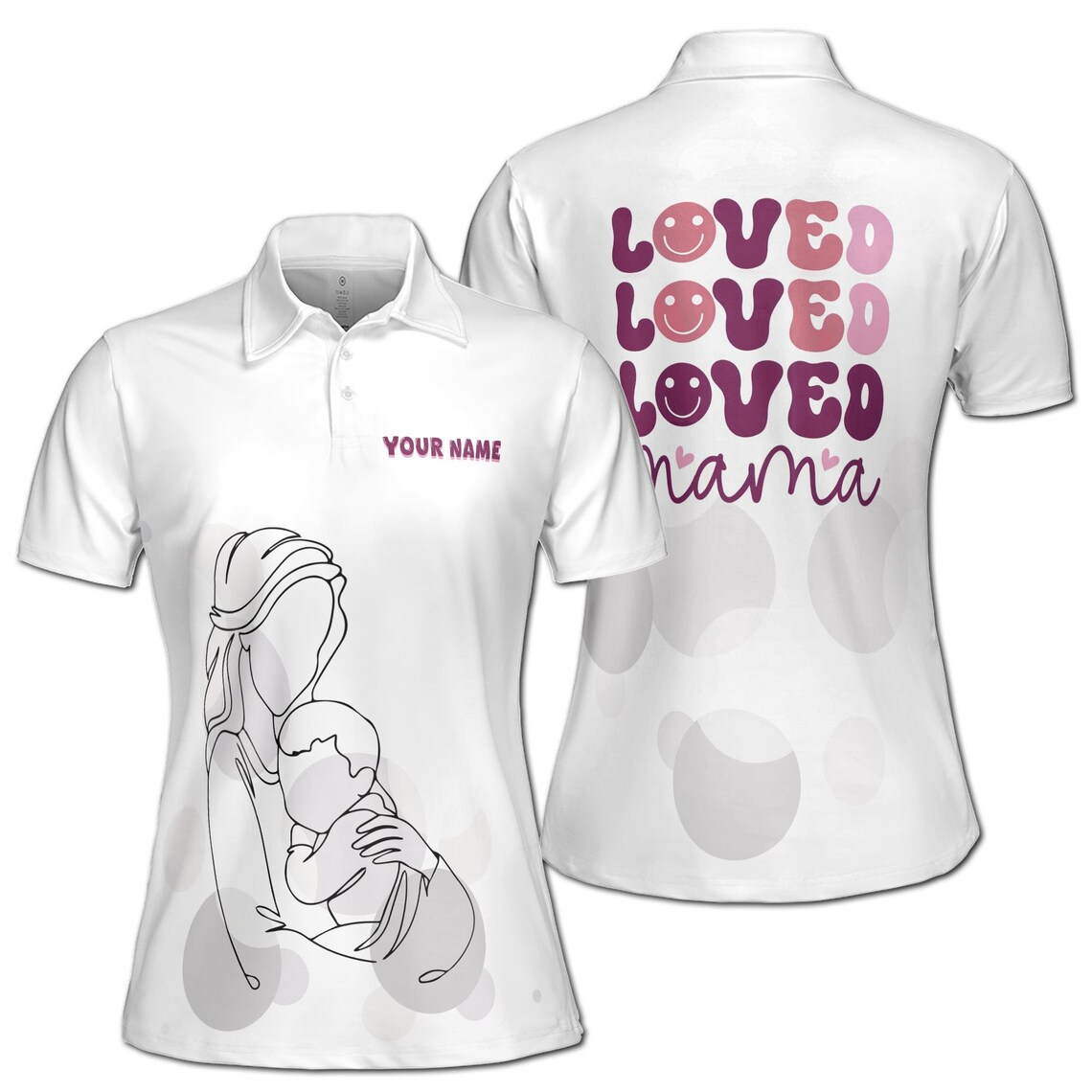 Customize Name Loved Mama Baby Heart Sketch White Women's Polo Shirt (S-5XL)