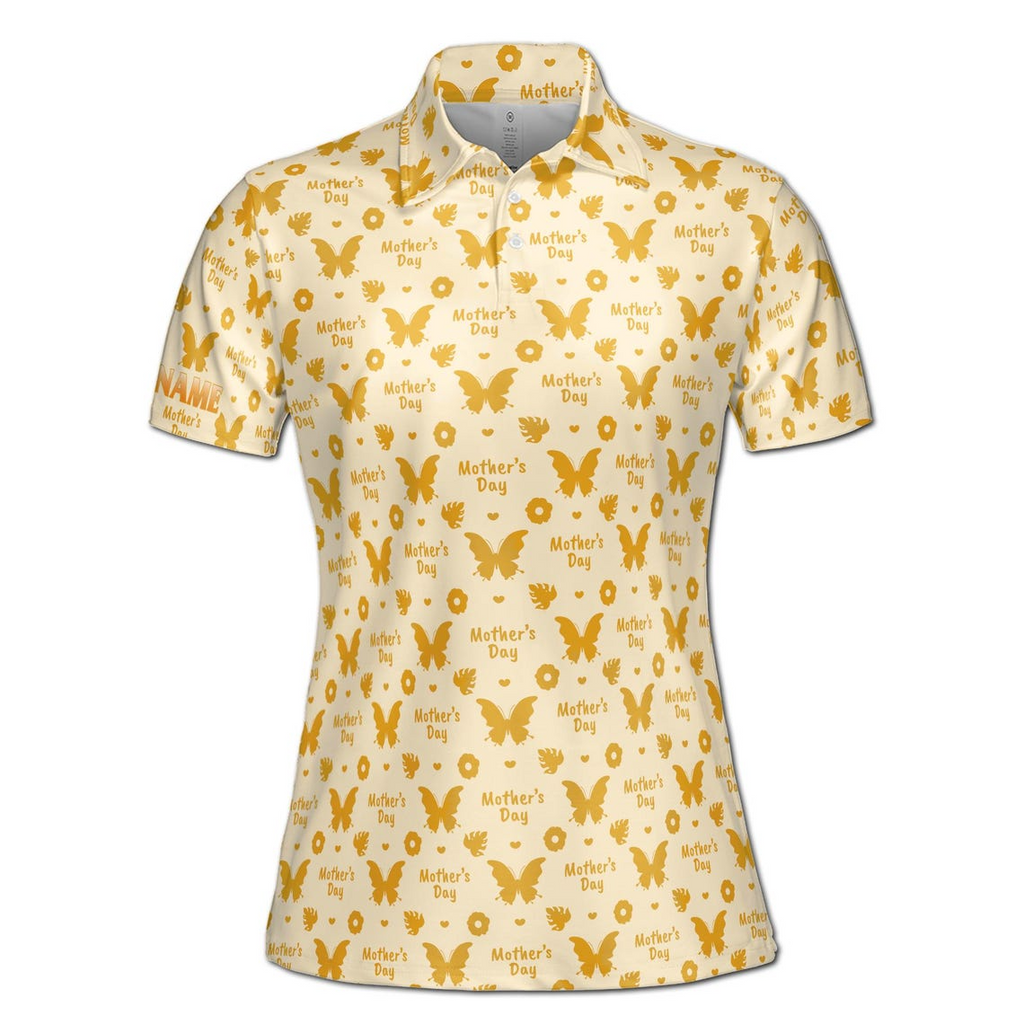 Customize Name Mom Floral Heart Leaves Butterflies Pattern Yellow Women's Polo Shirt (S-5XL)