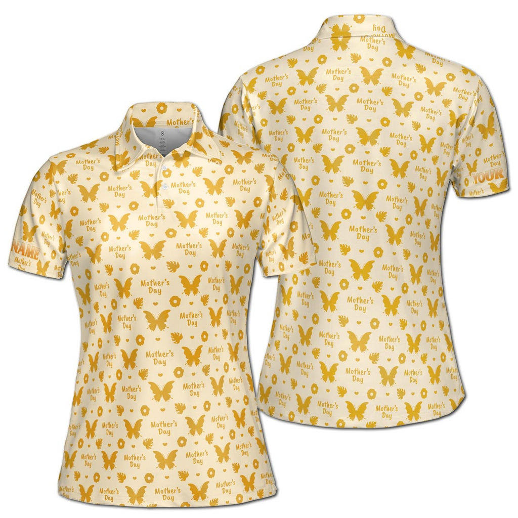 Customize Name Mom Floral Heart Leaves Butterflies Pattern Yellow Women's Polo Shirt (S-5XL)