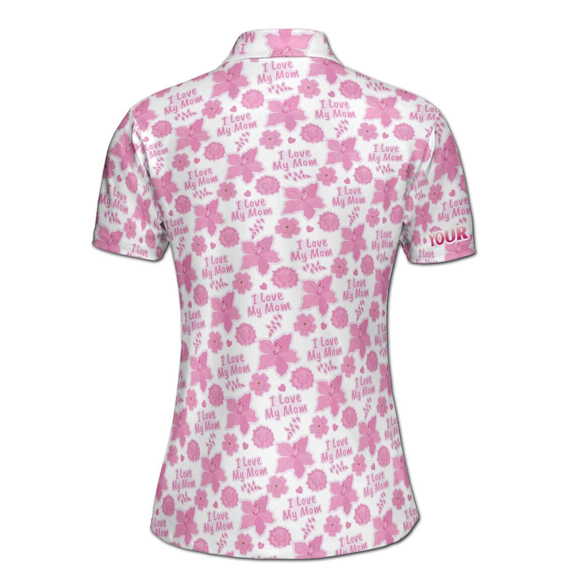 Customize Name Love Mom Floral Heart Leaves Pattern White Pink Women's Polo Shirt (S-5XL)
