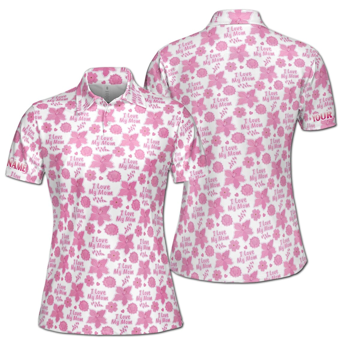 Customize Name Love Mom Floral Heart Leaves Pattern White Pink Women's Polo Shirt (S-5XL)