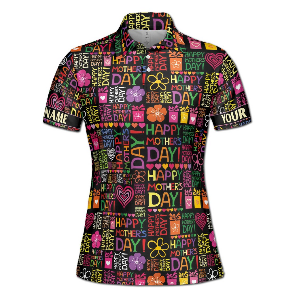Customize Name Happy Mom Floral Heart Presents Pattern Black Colorful Women's Polo Shirt (S-5XL)