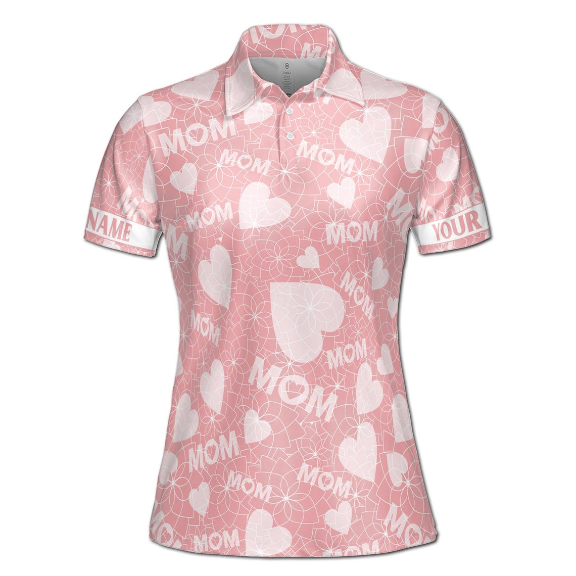 Customize Name Mom Floral Heart Pattern Pink Women's Polo Shirt (S-5XL)