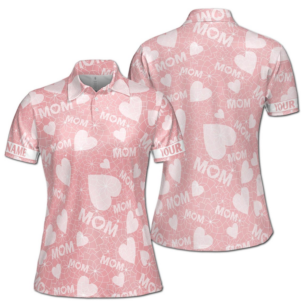Customize Name Mom Floral Heart Pattern Pink Women's Polo Shirt (S-5XL)