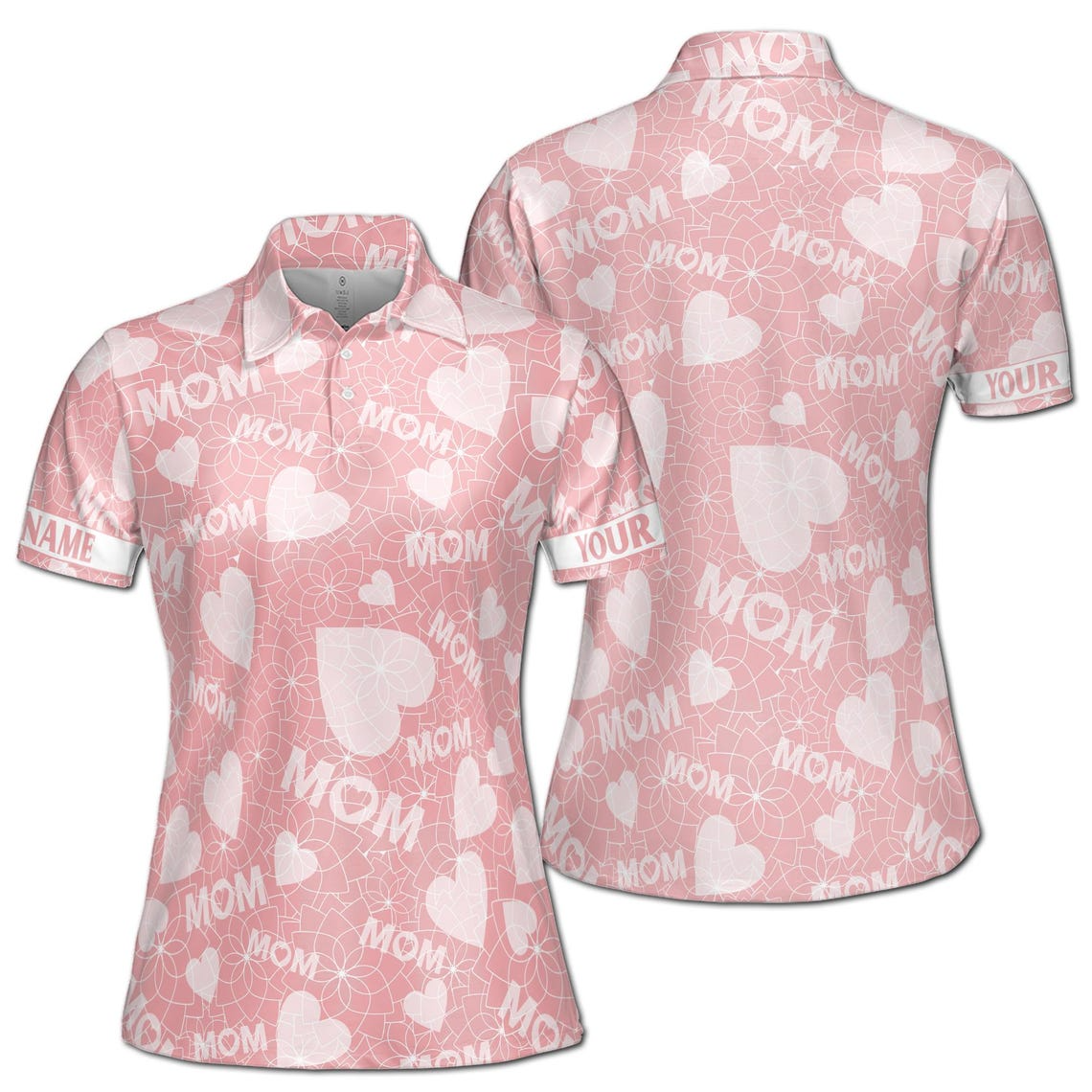 Customize Name Mom Floral Heart Pattern Pink Women's Polo Shirt (S-5XL)