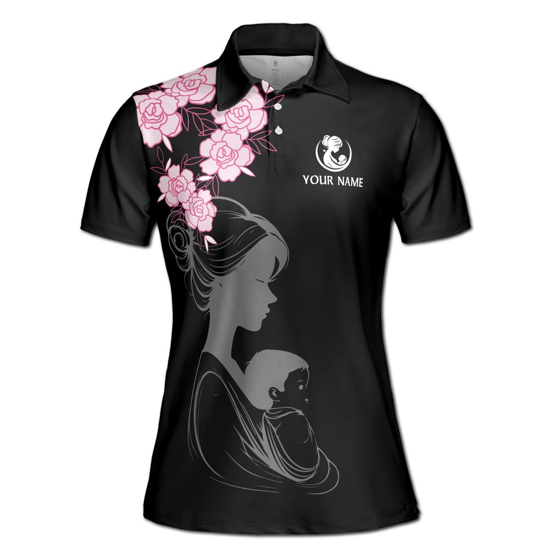 Customize Name Mom Is My Love Baby Floral Black Women's Polo Shirt (S-5XL)