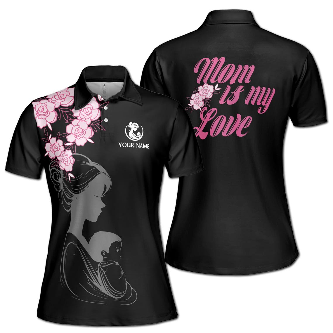 Customize Name Mom Is My Love Baby Floral Black Women's Polo Shirt (S-5XL)