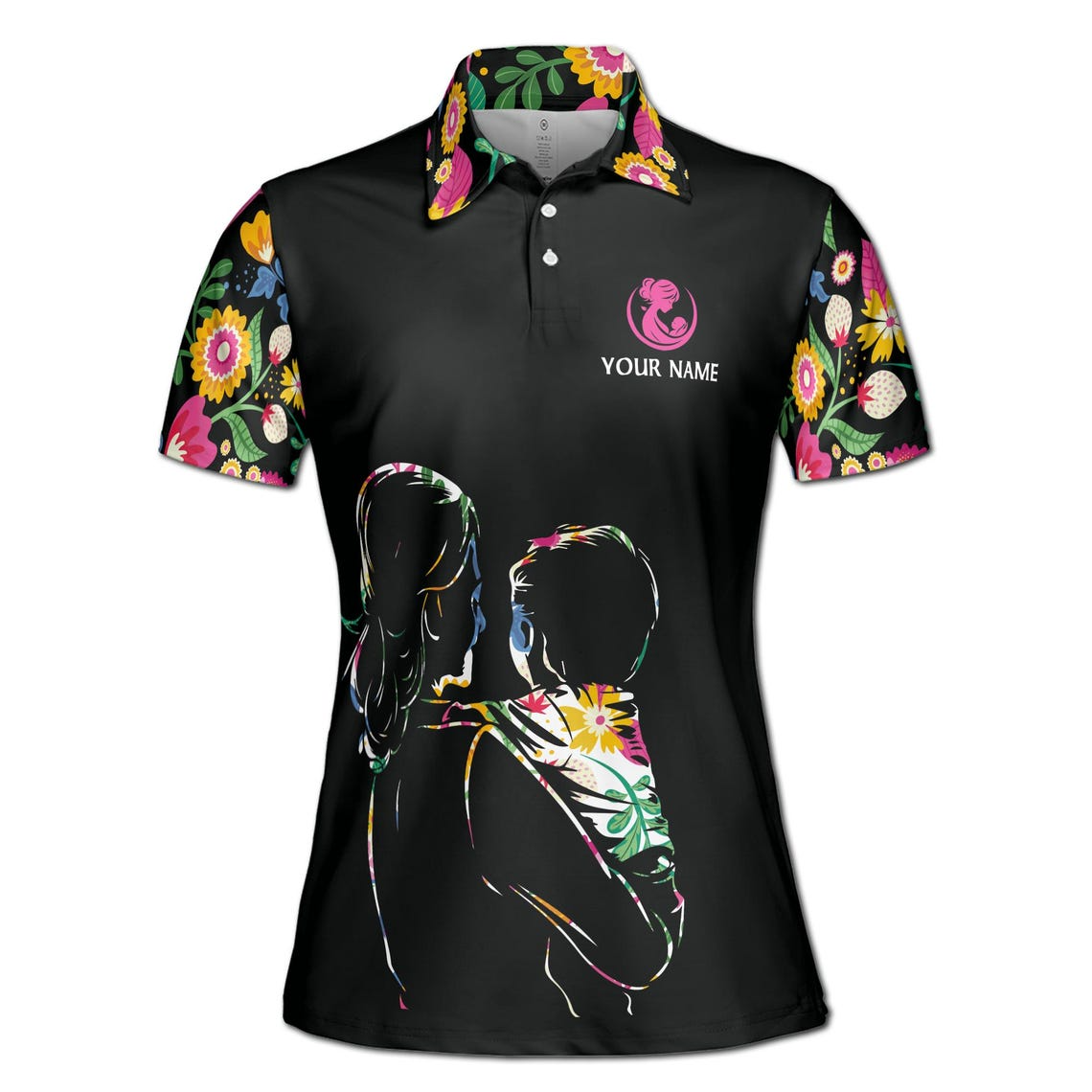 Customize Name First As A Mom Floral Pattern Black Colorful Women's Polo Shirt (S-5XL)