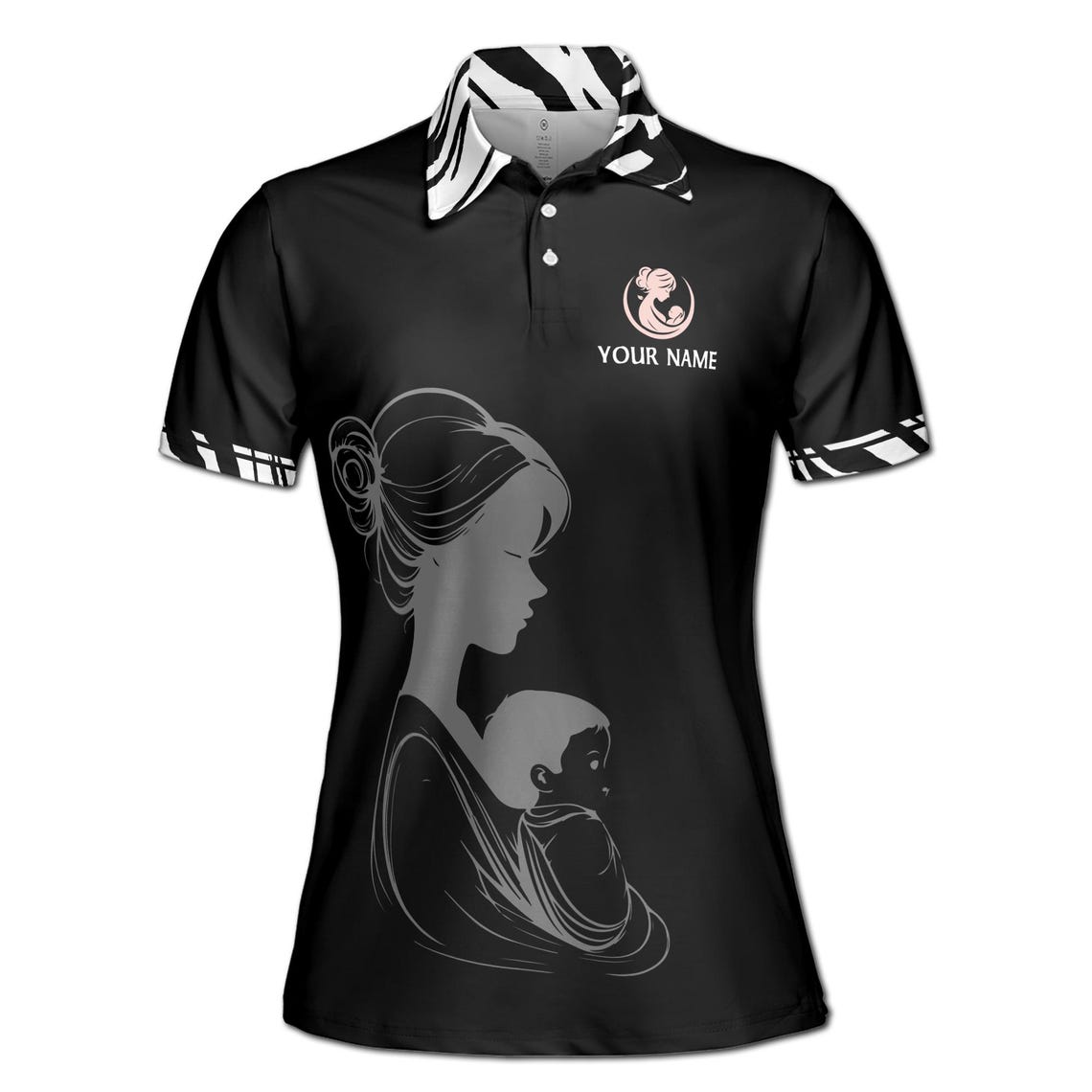 Customize Name Mama Bear Baby Floral Pattern Black Women's Polo Shirt (S-5XL)