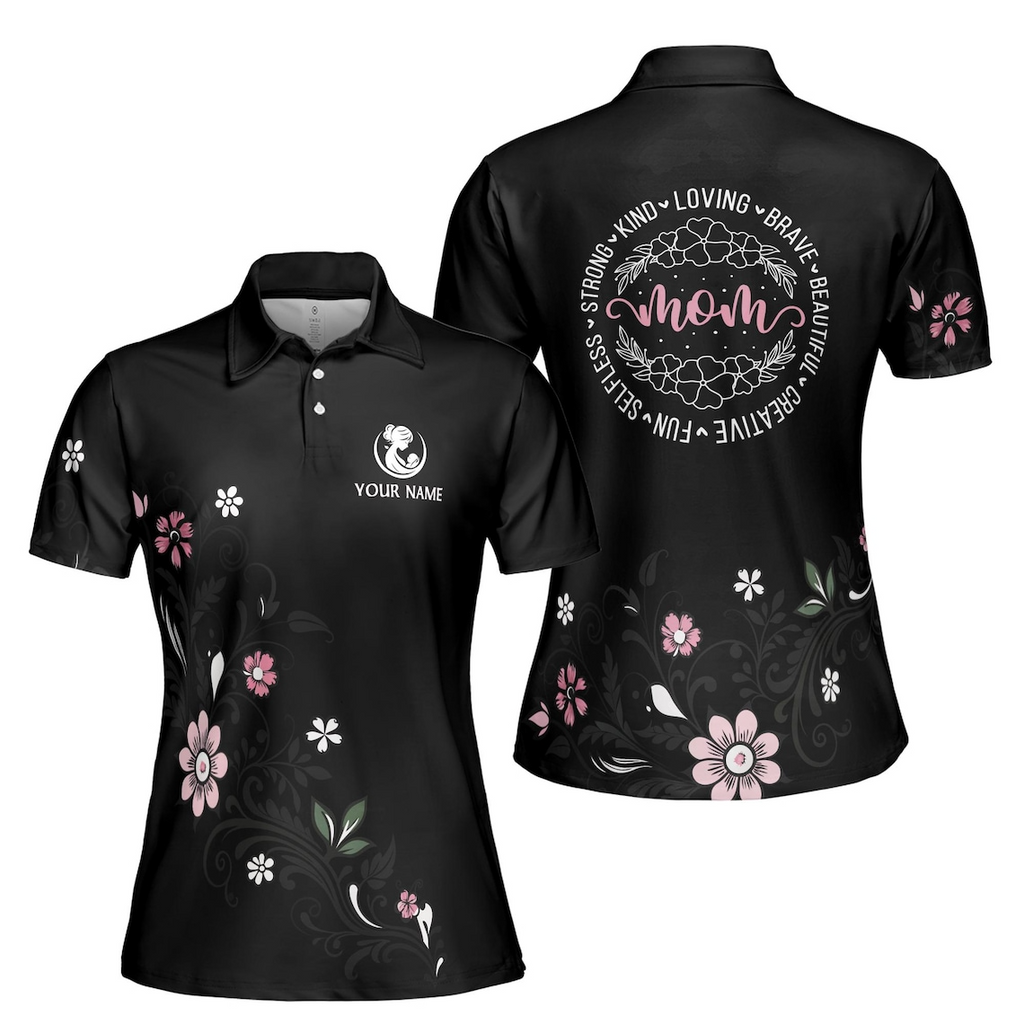 Customize Name Mom Adjectives Floral Pattern Black Women's Polo Shirt (S-5XL)