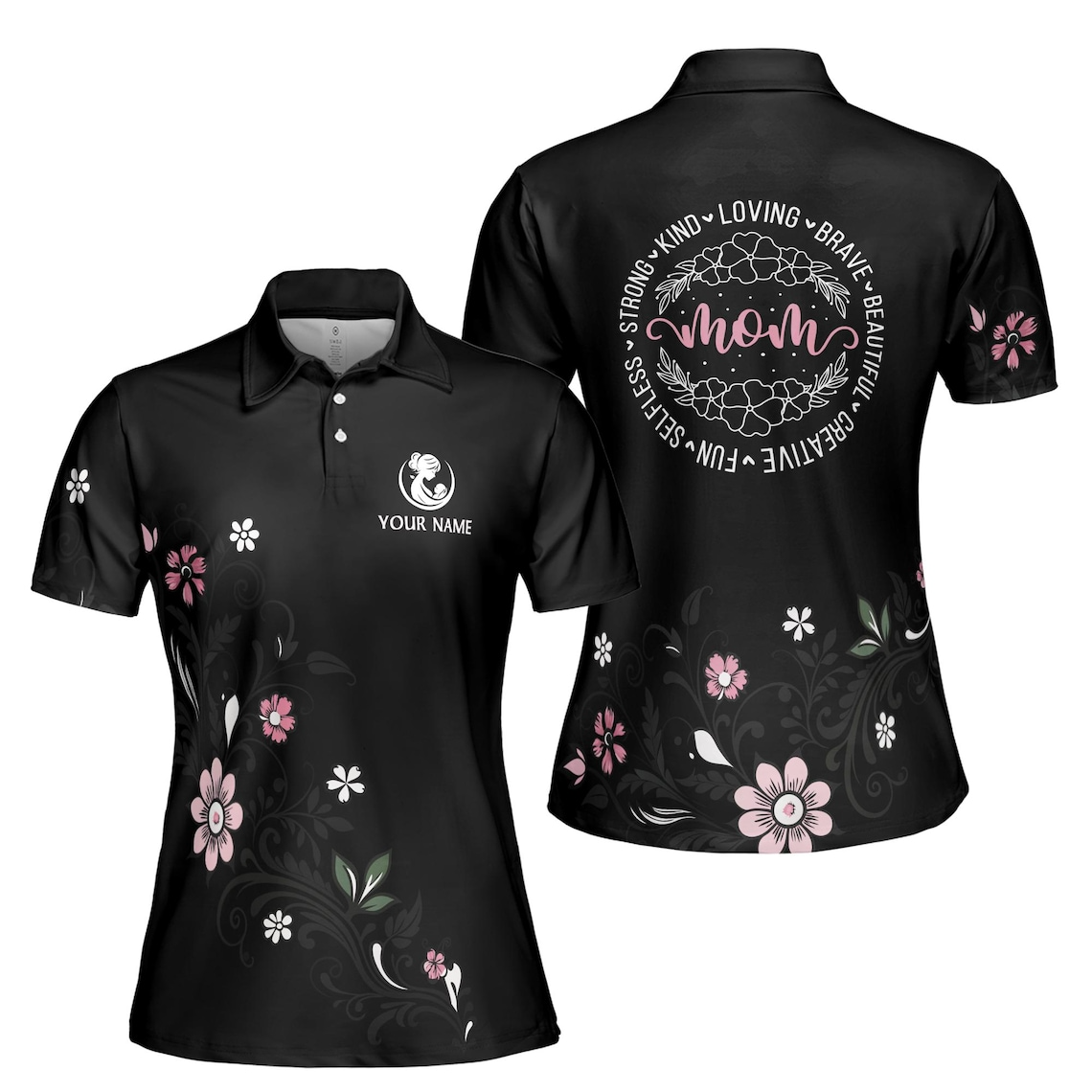 Customize Name Mom Adjectives Floral Pattern Black Women's Polo Shirt (S-5XL)