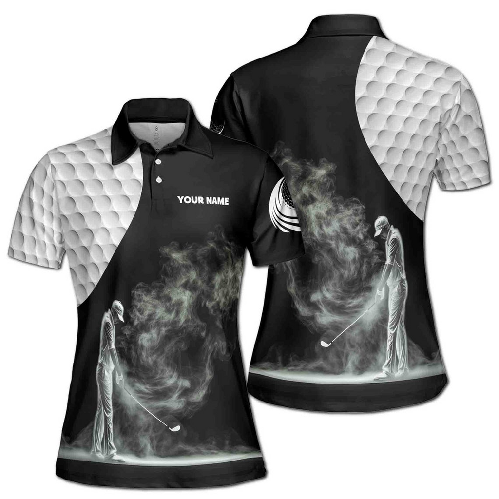 Customize Name Golf Ball Golfer Smoke Silhouette Black White Women's Polo Shirt (S-5XL)
