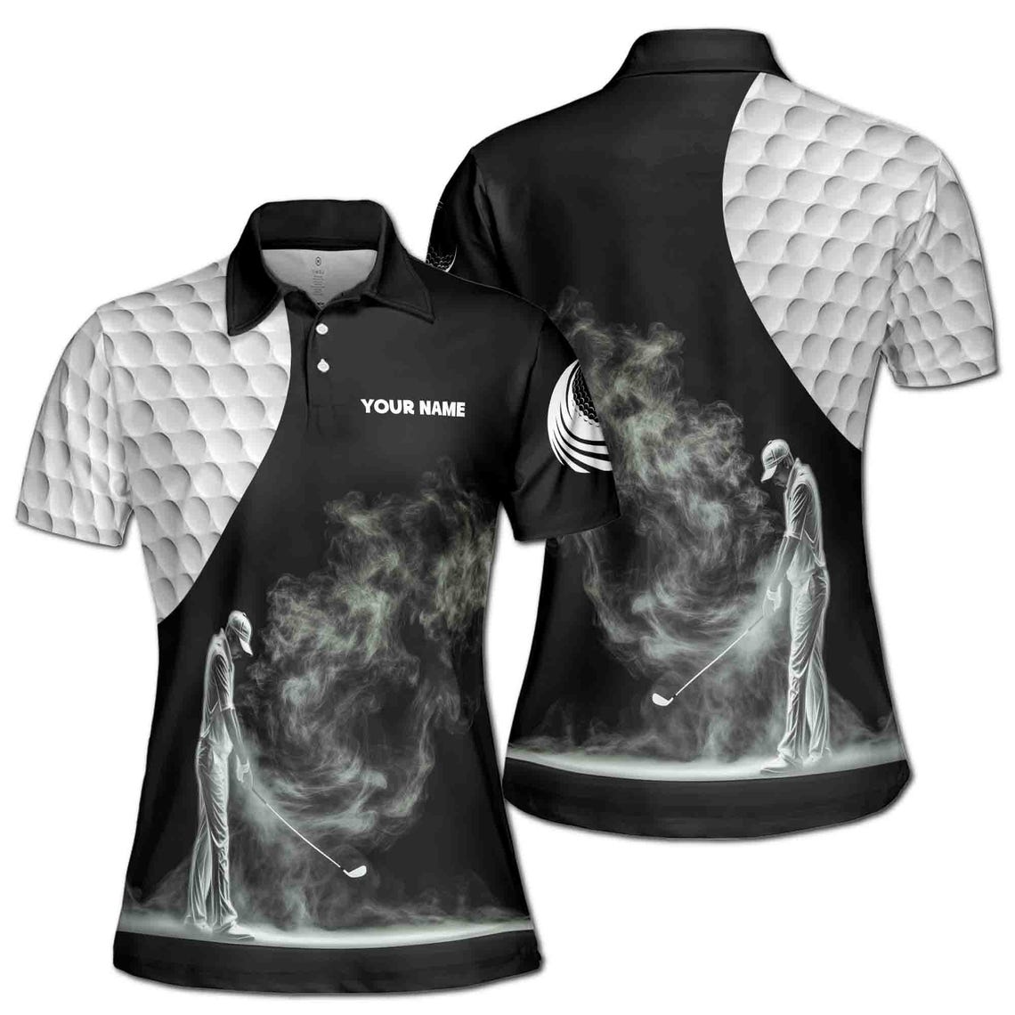 Customize Name Golf Ball Golfer Smoke Silhouette Black White Women's Polo Shirt (S-5XL)