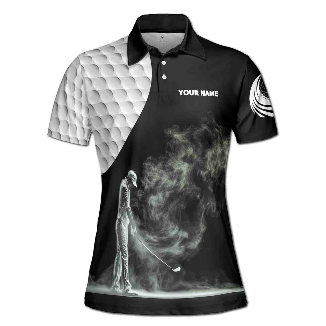 Customize Name Golf Ball Golfer Smoke Silhouette Black White Women's Polo Shirt (S-5XL)