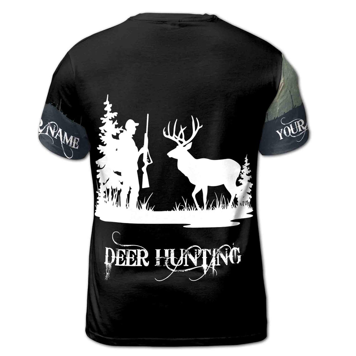 Customize Name Deer Hunting In The Forest Black White 3D T-Shirt (S-5XL)