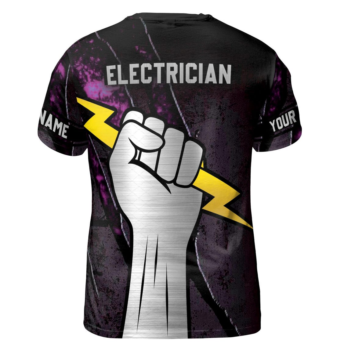 Customize Name Electrician Lightning In Hand Black Purple 3D T-Shirt (S-5XL)