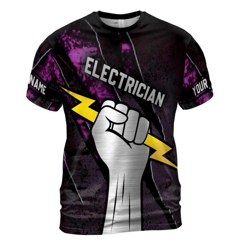 Customize Name Electrician Lightning In Hand Black Purple 3D T-Shirt (S-5XL)