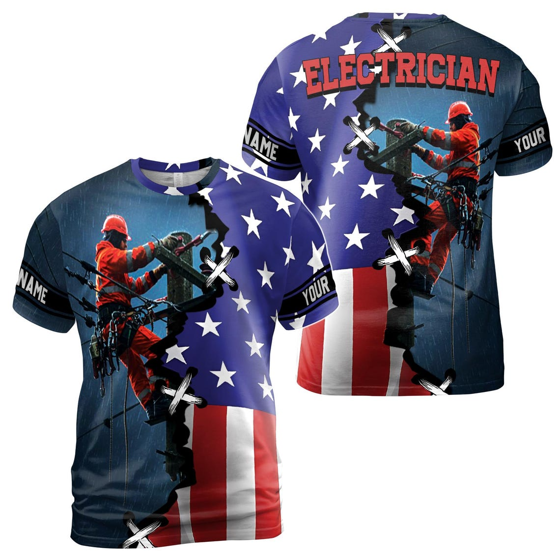Customizable Electrician American Flag 3D T-Shirt (S-5XL)