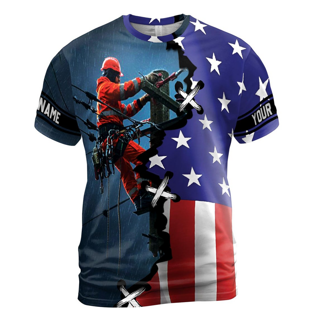 Customizable Electrician American Flag 3D T-Shirt (S-5XL)