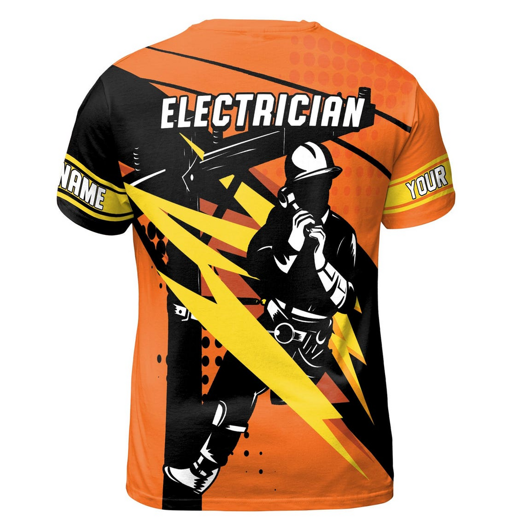 Custom Name Electrician T-Shirt: Lightning Strike Skilled Labor, Orange Industrial Art 3D (S-5XL)