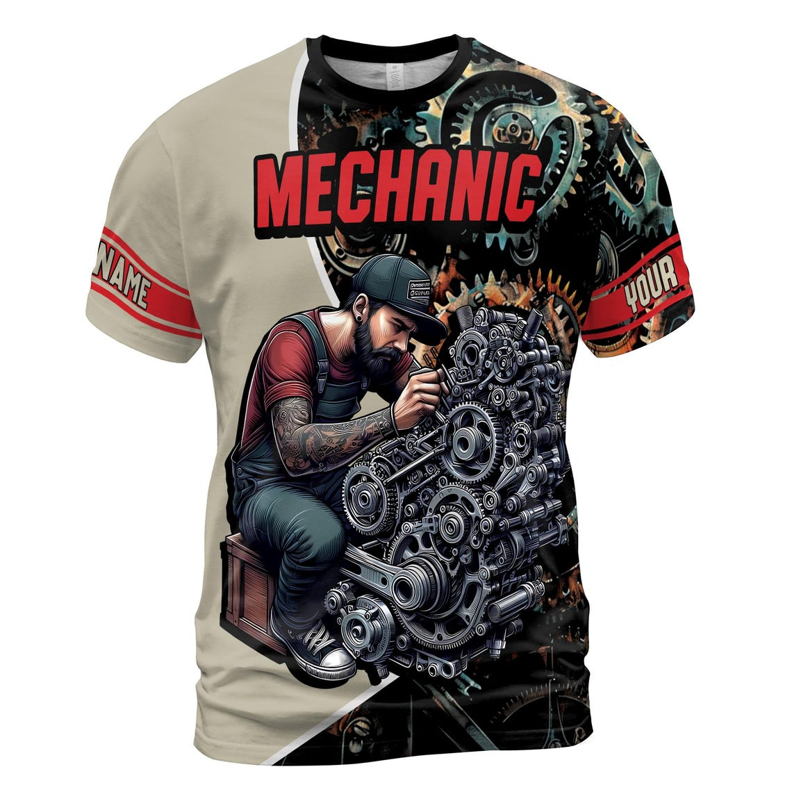 Personalized Mechanic T-Shirt: Wrench & Gears 3D Design (S-5XL)