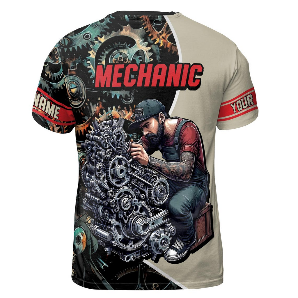 Personalized Mechanic T-Shirt: Wrench & Gears 3D Design (S-5XL)