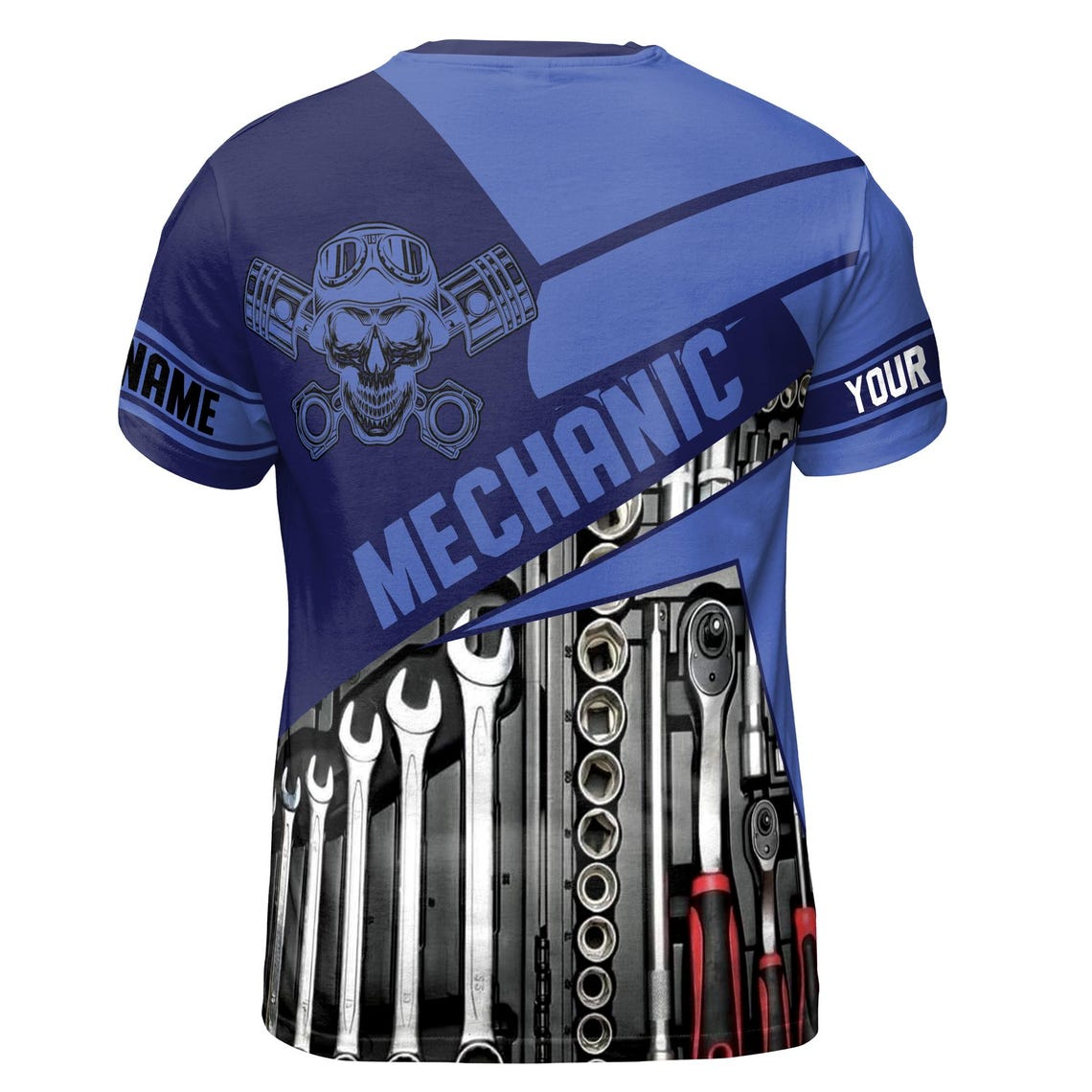 Customize Name Mechanic Tools Skull Skilled Labor Industrial Art Blue 3D T-Shirt (S-5XL)