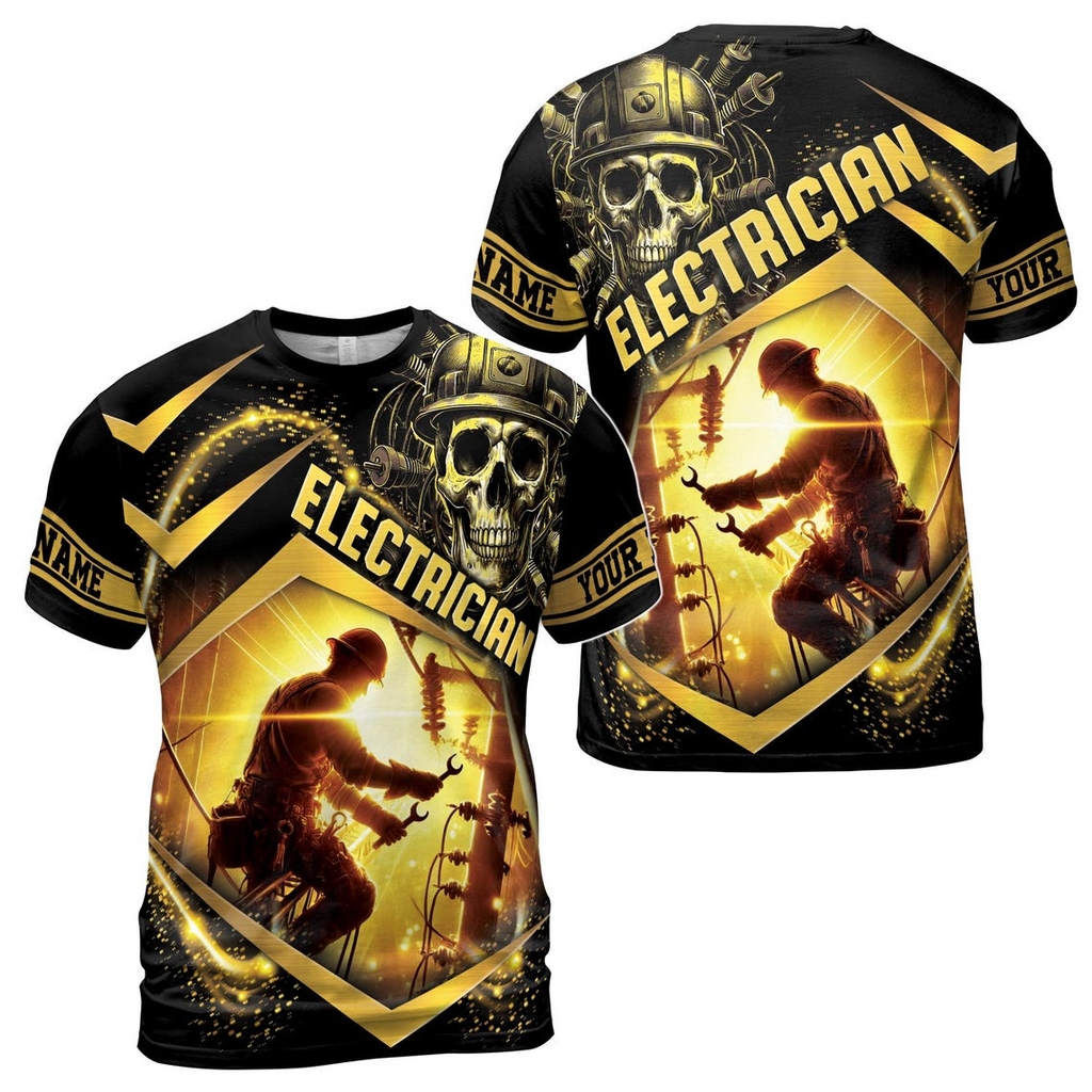 Customize Name Electrician Sunlight Skull Helmet Spark Pattern Black Gold 3D T-Shirt (S-5XL)