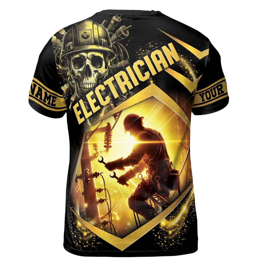 Customize Name Electrician Sunlight Skull Helmet Spark Pattern Black Gold 3D T-Shirt (S-5XL)