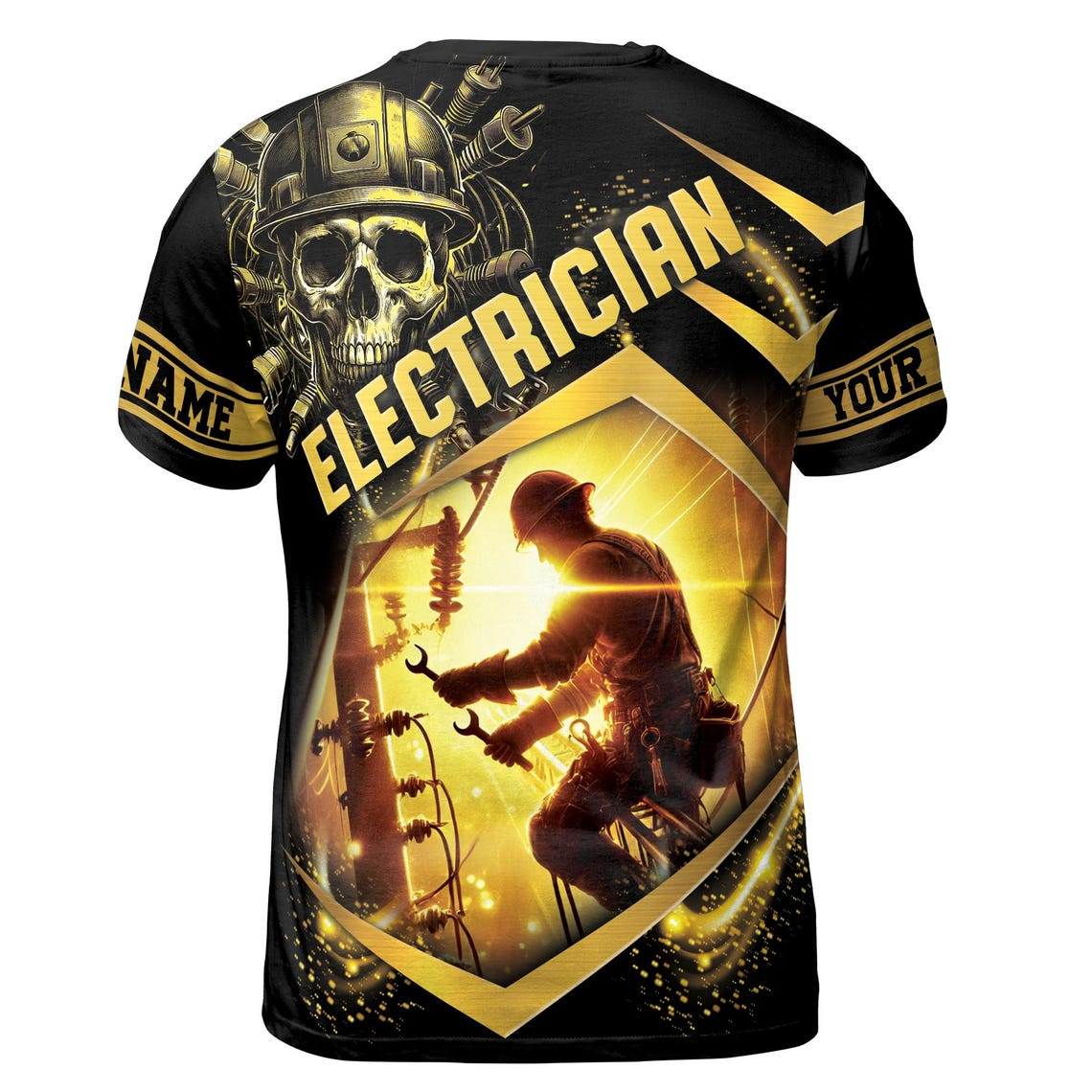 Customize Name Electrician Sunlight Skull Helmet Spark Pattern Black Gold 3D T-Shirt (S-5XL)