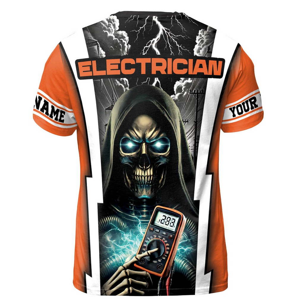 Customize Name Electrician Grim Reaper Multimeter Lightning Sky Industrial Art Orange 3D T-Shirt (S-5XL)