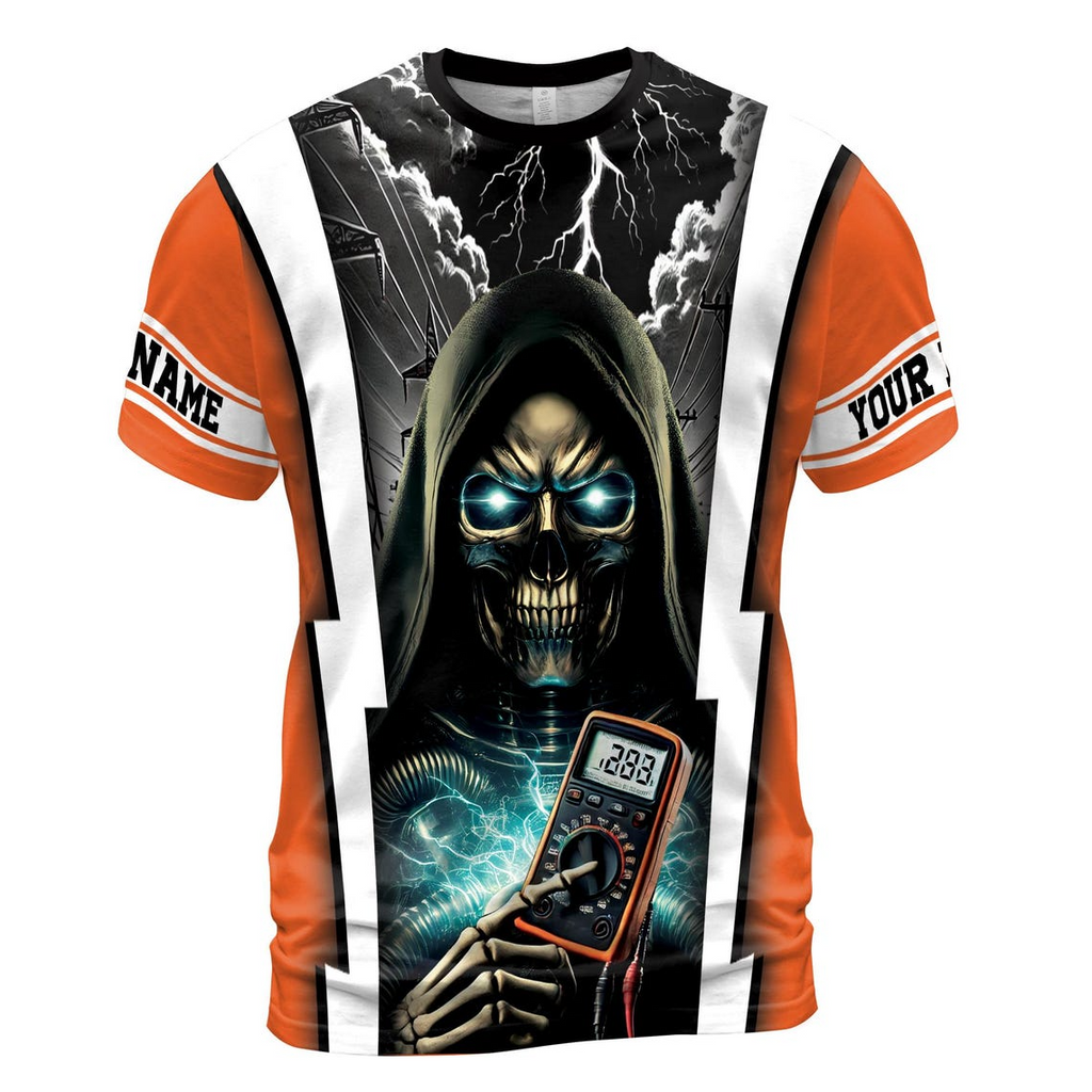 Customize Name Electrician Grim Reaper Multimeter Lightning Sky Industrial Art Orange 3D T-Shirt (S-5XL)