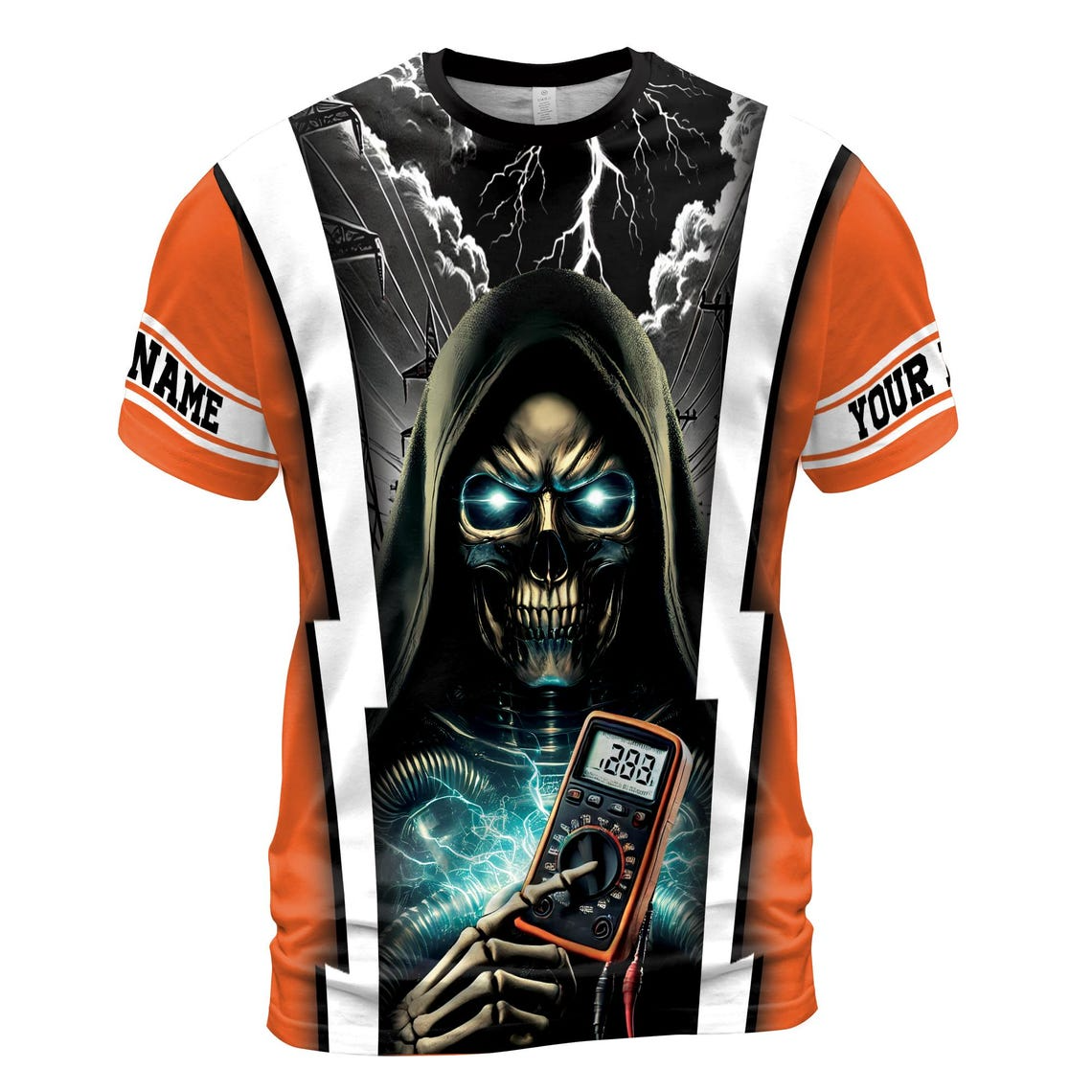 Customize Name Electrician Grim Reaper Multimeter Lightning Sky Industrial Art Orange 3D T-Shirt (S-5XL)