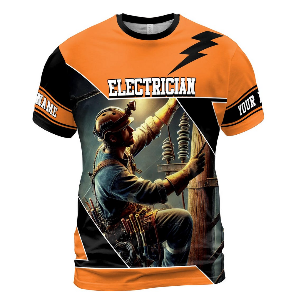 Customize Name Electrician Fixing Powerline Lightning Industrial Art Bold Orange 3D T-Shirt (S-5XL)
