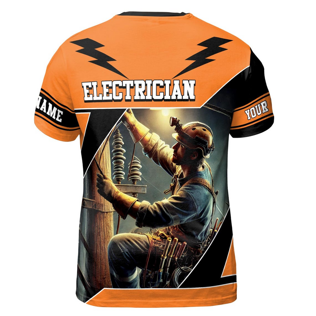 Customize Name Electrician Fixing Powerline Lightning Industrial Art Bold Orange 3D T-Shirt (S-5XL)