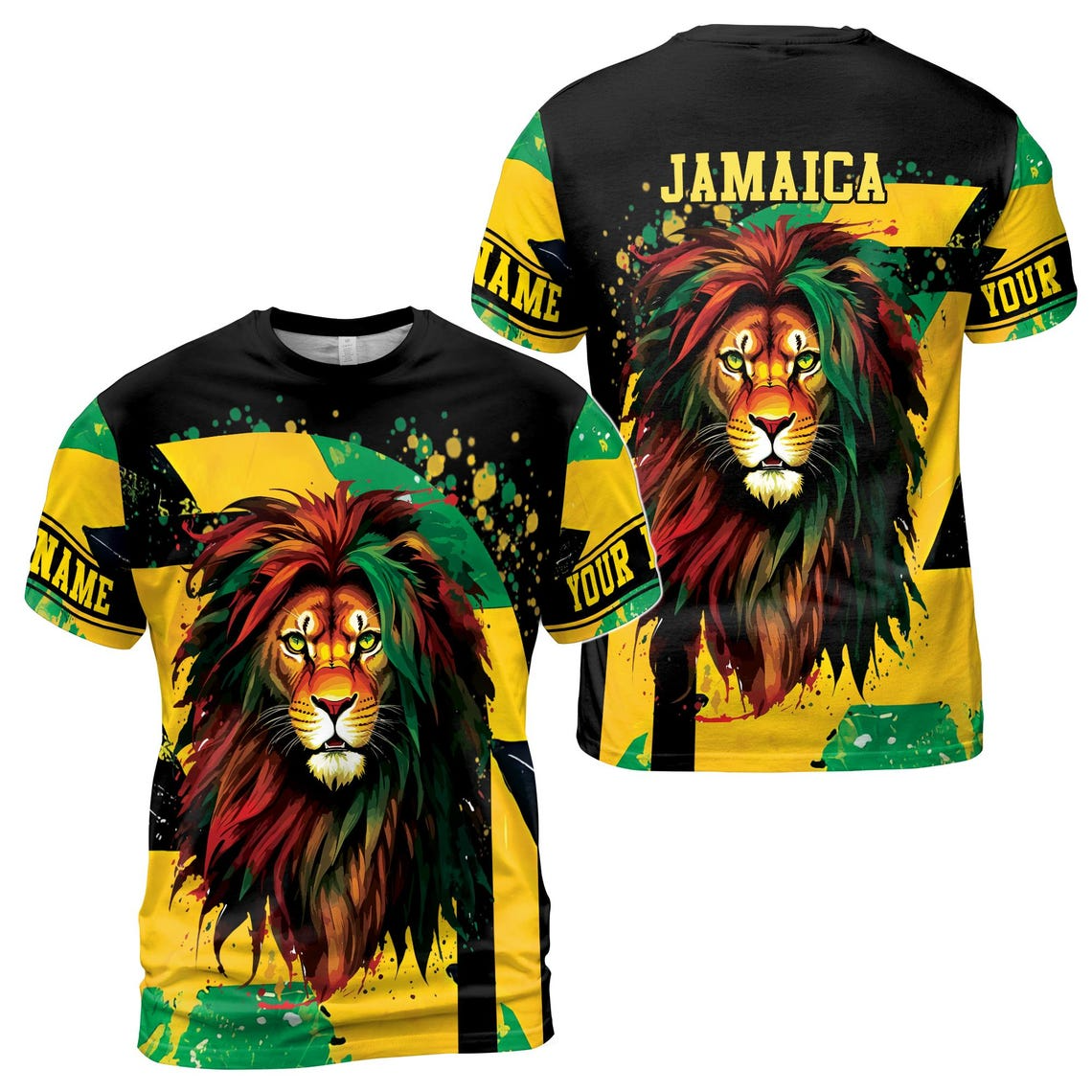 Customize Name Jamaica Flag Lion Paint Splashes Colorful 3D T-Shirt (S-5XL)