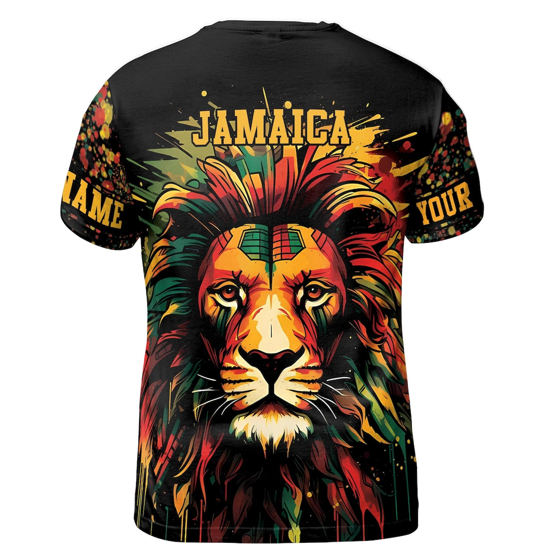 Customize Name Jamaica Flag Paint Splashes Lion Black Green Yellow 3D T-Shirt (S-5XL)