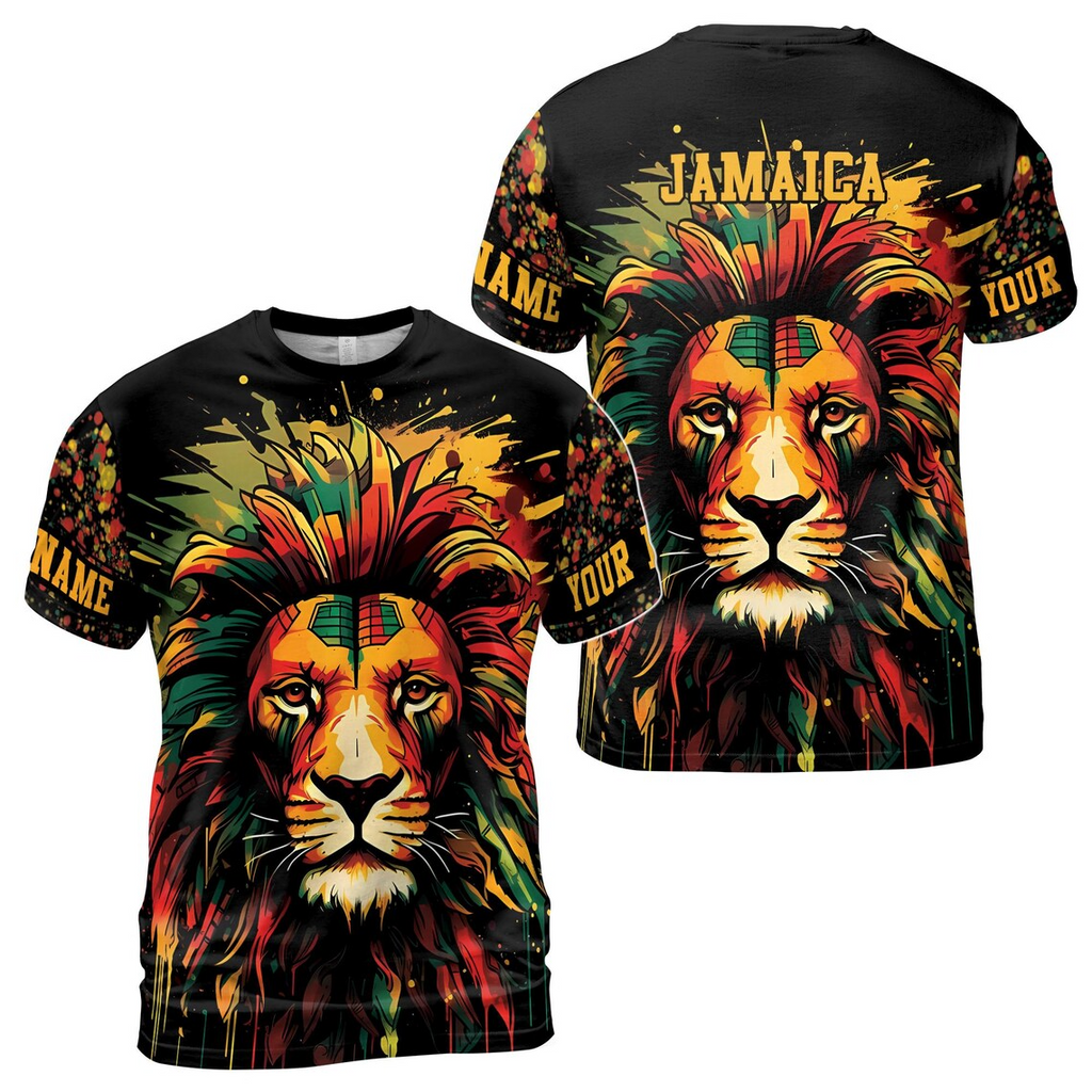 Customize Name Jamaica Flag Paint Splashes Lion Black Green Yellow 3D T-Shirt (S-5XL)