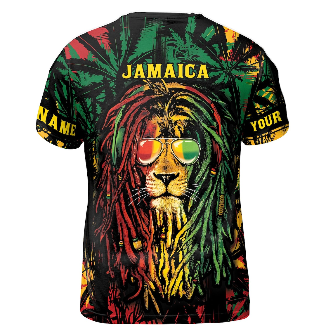 Customize Name Jamaican Flag Rasta Sunglasses Lion Leaves Pattern Colorful 3D T-Shirt (S-5XL)