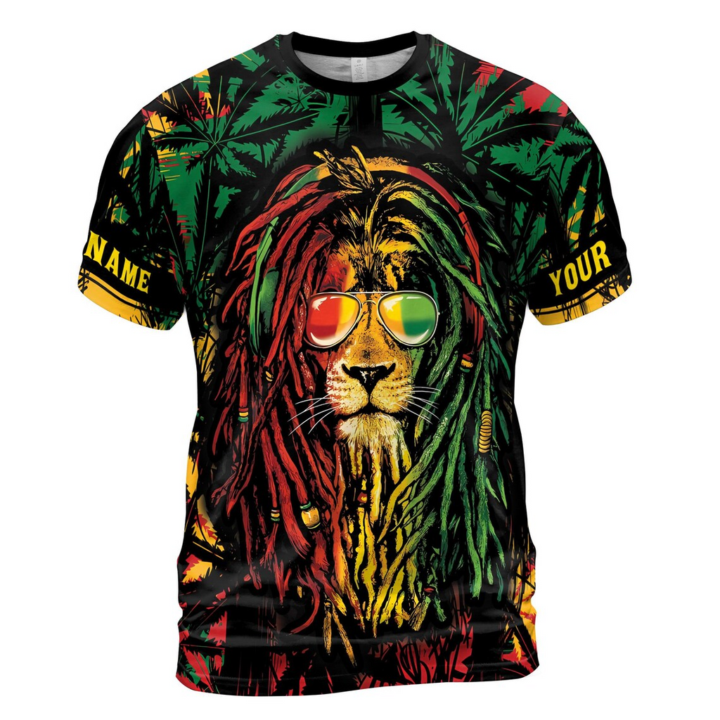 Customize Name Jamaican Flag Rasta Sunglasses Lion Leaves Pattern Colorful 3D T-Shirt (S-5XL)
