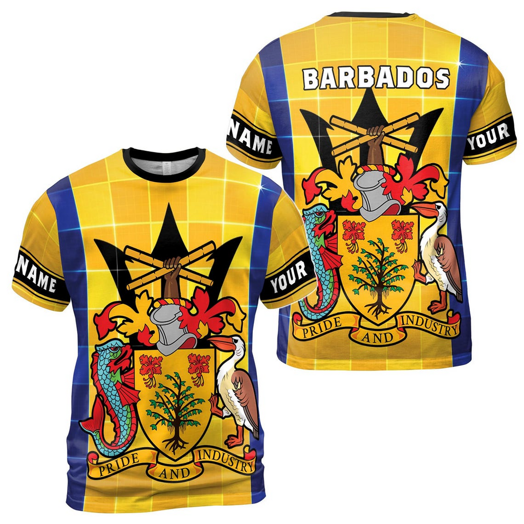 Customize Name Barbados Flag Coat Of Arms Tiles Pattern Yellow Blue 3D T-Shirt (S-5XL)