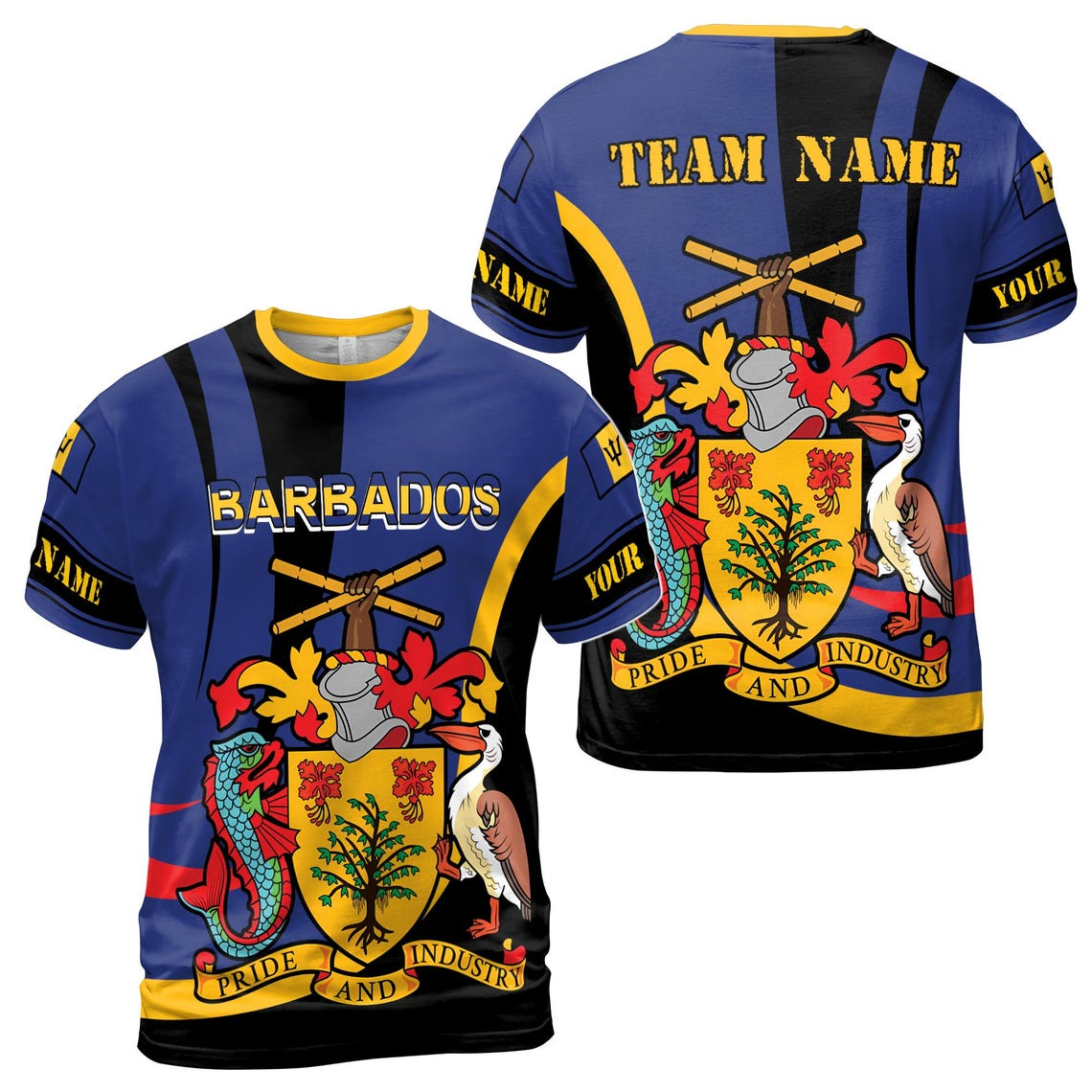 Customize Team Name Barbados Flag Pride And Industry Black Deep Blue 3D T-Shirt (S-5XL)